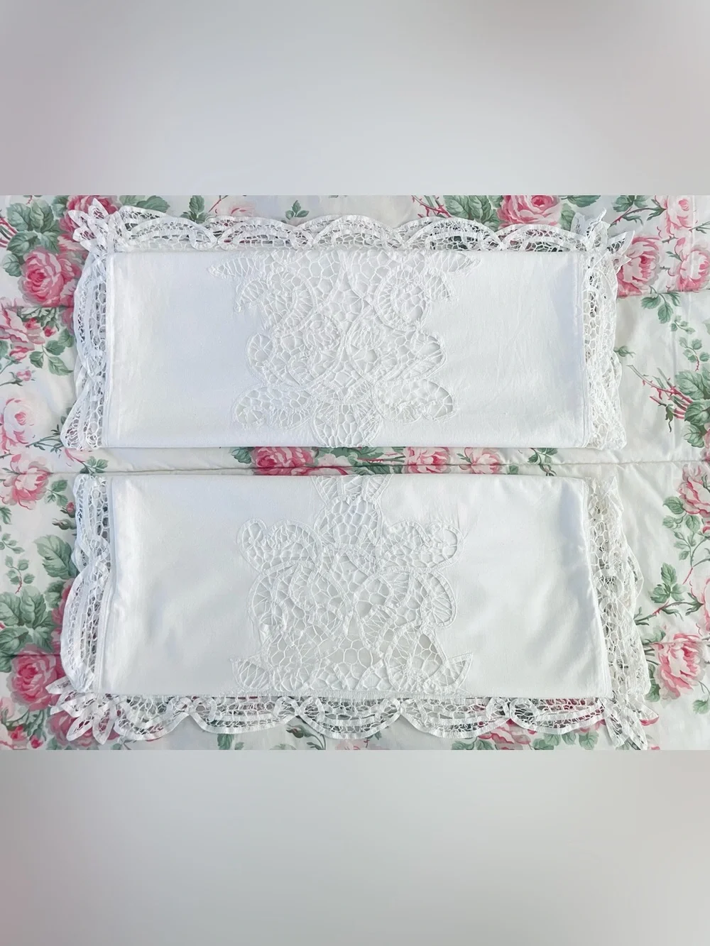 Vintage Battenburg Lace Pillowcase Shams (2) White Cotton Shabby Chic King Sz